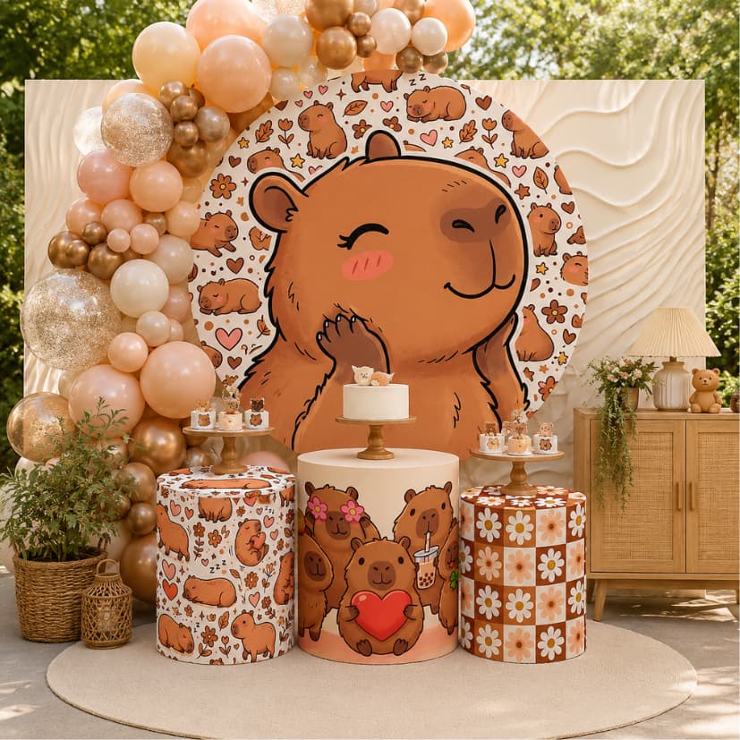 Capas Decorativas Painel Redondo Trio Cilindro Decoração Infantil Festa Capivara Cute
