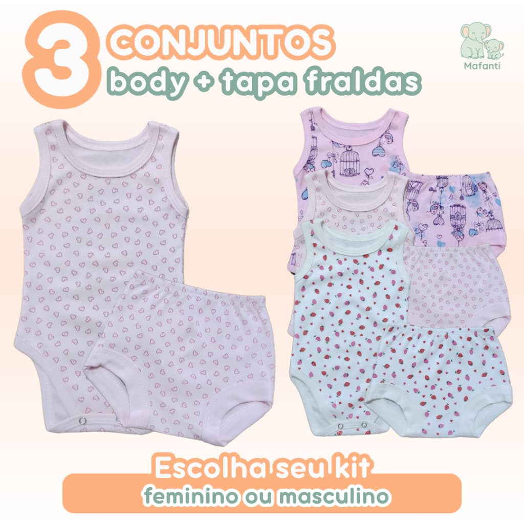Kit 6 Peças Body Regata Tapa Fralda Bebê Estampado Algodão Menina Menino Calor Verão Meia Estação 3 Conjuntos Baby