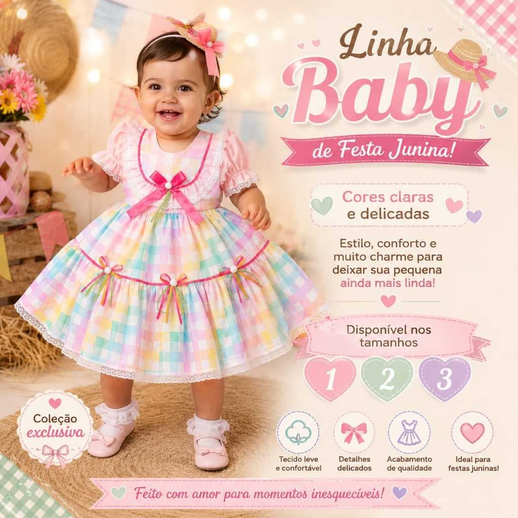 VESTIDO DE FESTA JUNINA PARA BEBE COLOR CANDY DE 1 A 3 ANOS RODADO