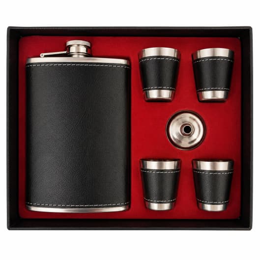 Kit Cantil Porta Bebidas Couro Inox C/ Funil, Copos