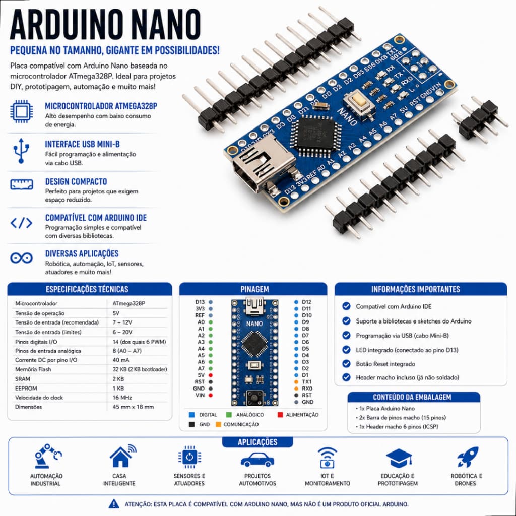 Arduino Nano Compatível V3 Atmega168 Ch340 Micro Usb Com Nfe