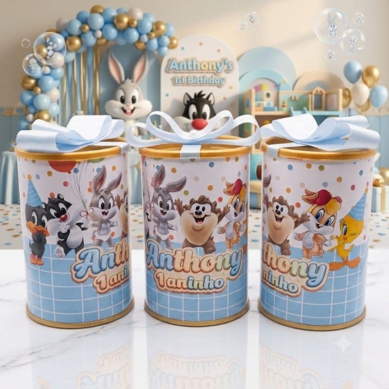 Cofrinho Personalizado Looney Tunes Baby Lembrancinha Aniversário Infantil 1 Ano Menino Luxo Com Laço