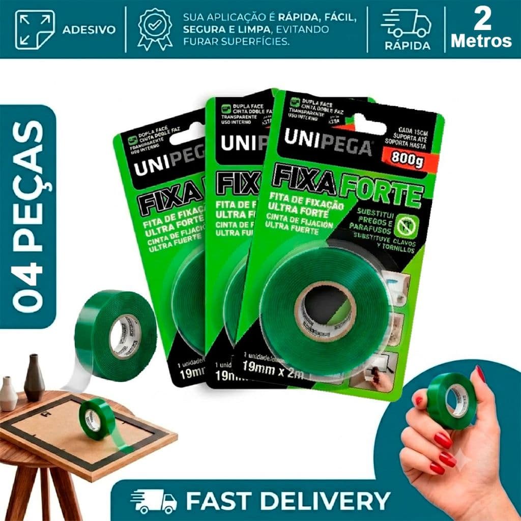 Kit 4 Fitas Dupla Face Colante 19mm X 2m Fixa Forte Para Parede Fixa Quadros Unipega Rsistente