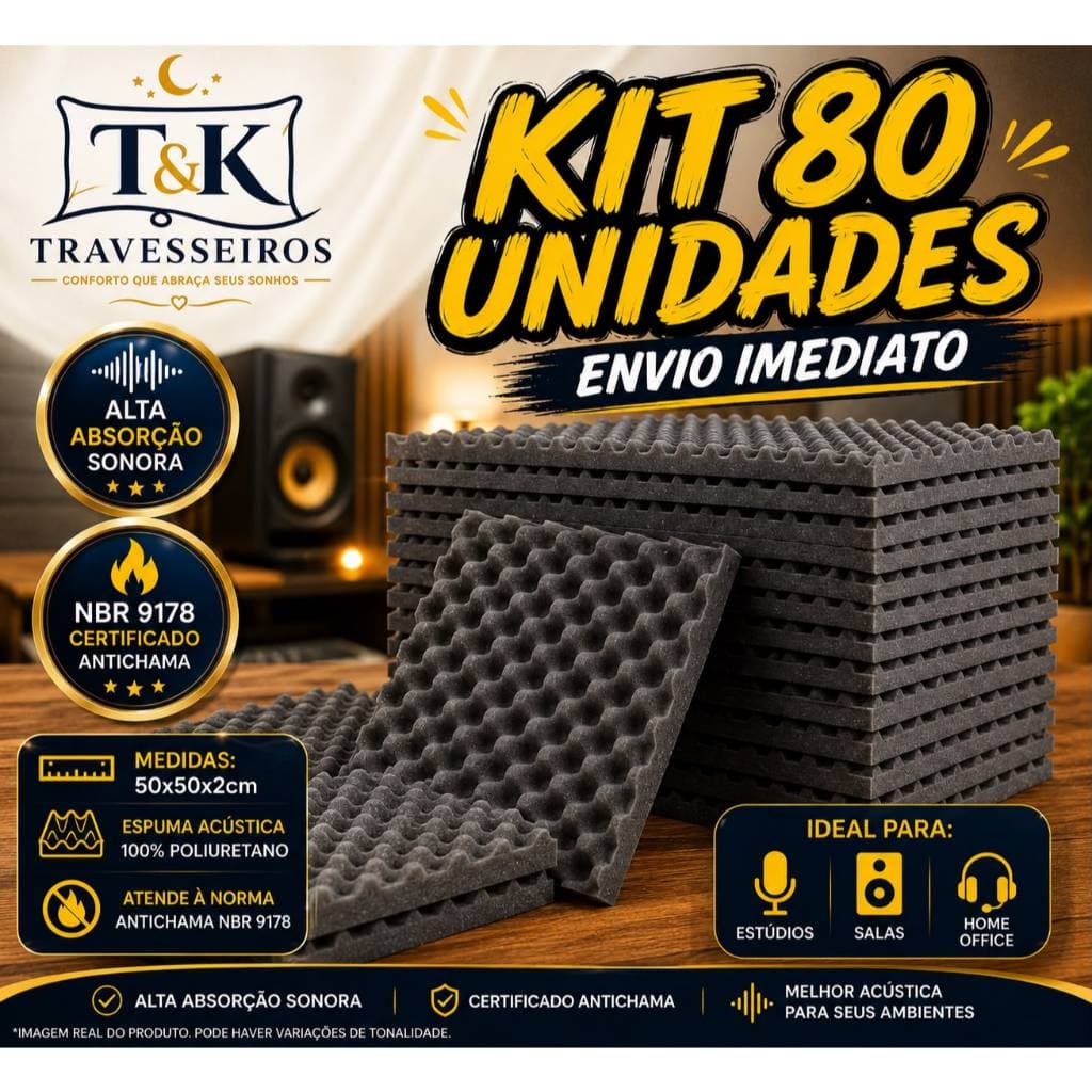 Kit 80 Placas Acústicas Espuma 50x50x2 Cm Antirruído Isolamento Parede Estúdio Antichama