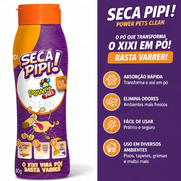 Pó Seca Xixi Pet Power Clean Eliminador De Urina Remove Odor Absorve Xixi Instantâneo 80g