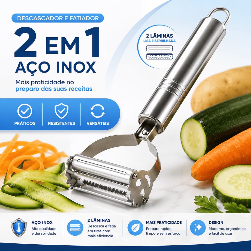 Descascador de Legumes 2 em 1 Inox Cortador de Verduras para Cozinha Fatiador 2 Lâminas Profissional