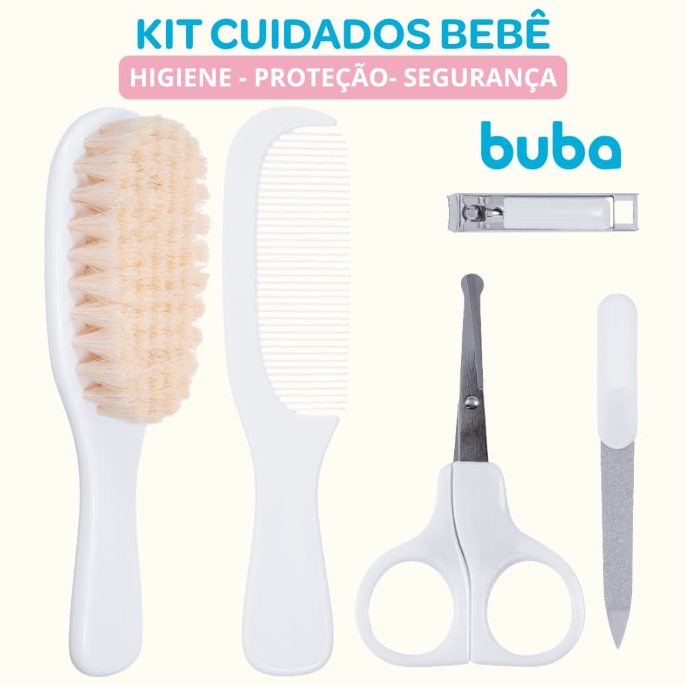 Kit Cuidados Higiene Bebe Buba Escova Cerdas Naturais Branco