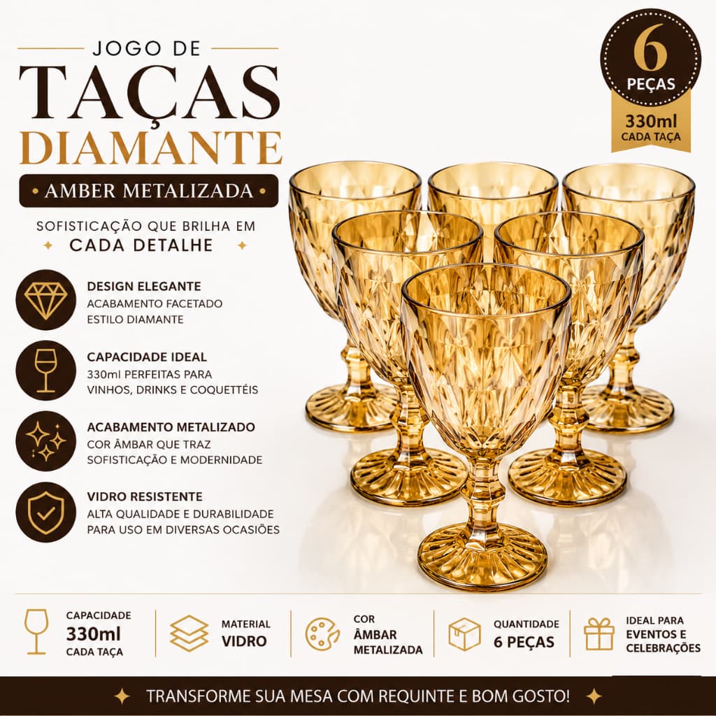 Jogo Conjunto Taças 6 Peças Diamond Luxo De Vidro Amber Diamante Metalizada 330ml