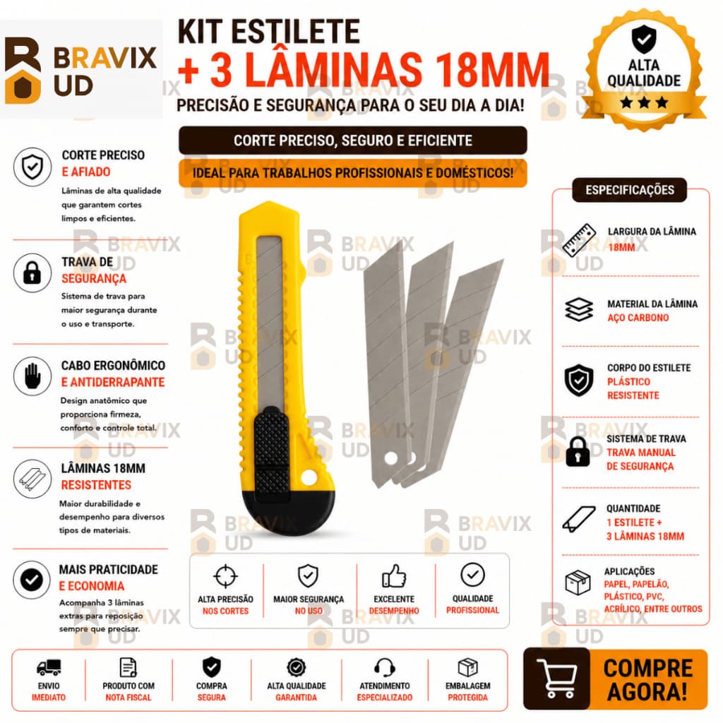 Kit Estilete Profissional COM +3 LAMINAS 18MM Ergonômico Emborrachado Com Trava de Segurança Lamina Segmentada