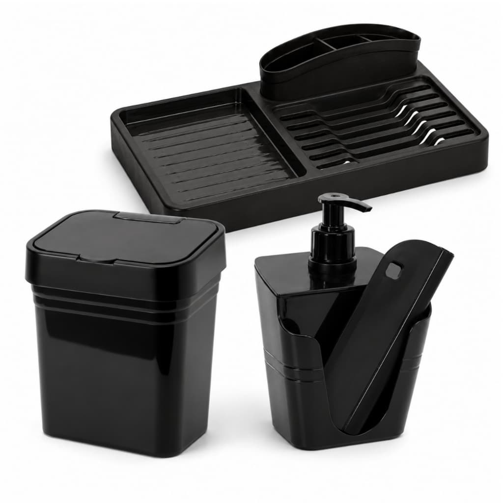 Kit Cozinha 4 Peças Completo Organizador Pia Lixeira + Escorredor Louça + Porta Detergente com Porta Esponja +Rodo