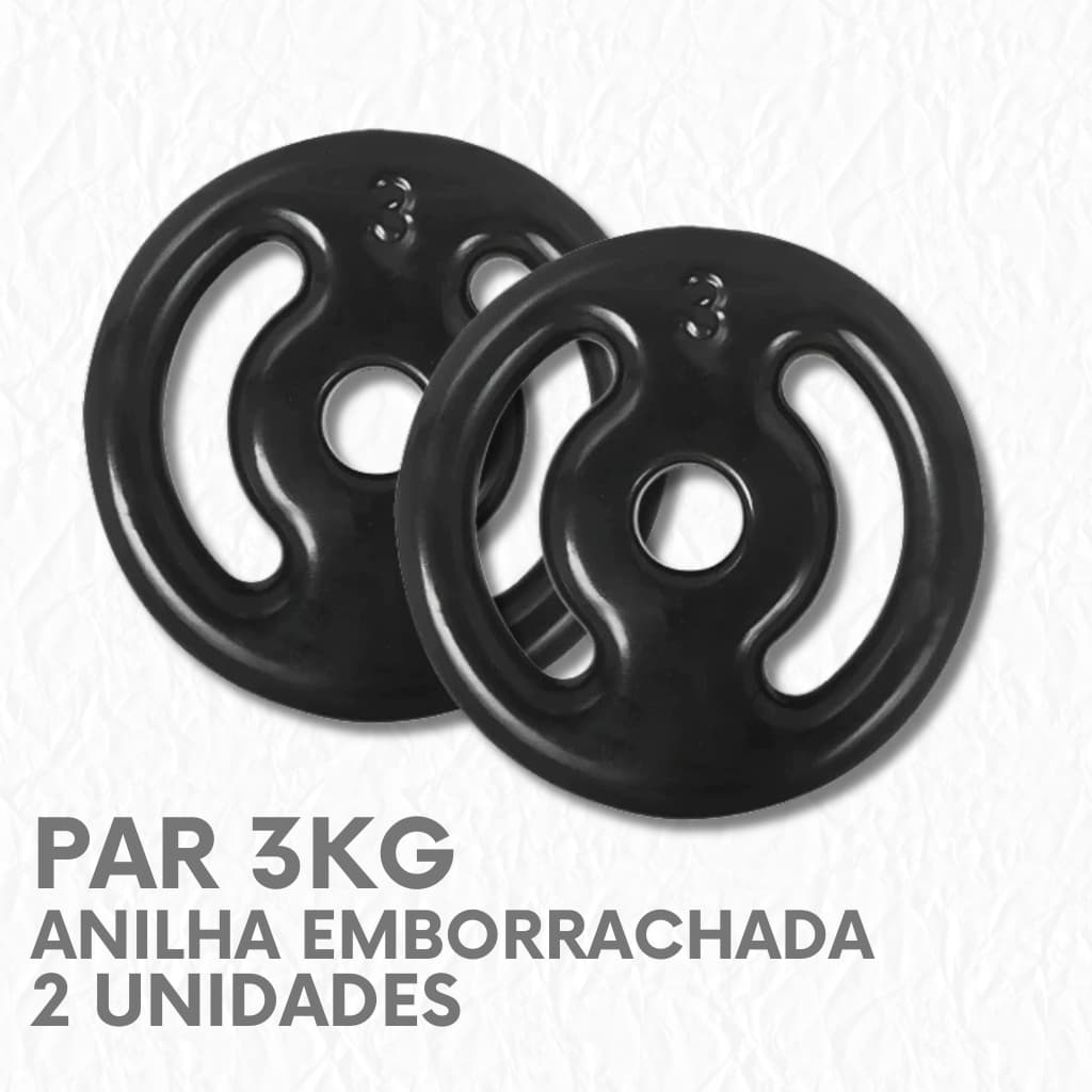 Par Anilha 3kg Emborrachada Peso Academia Barra 31mm Musculação Fitness