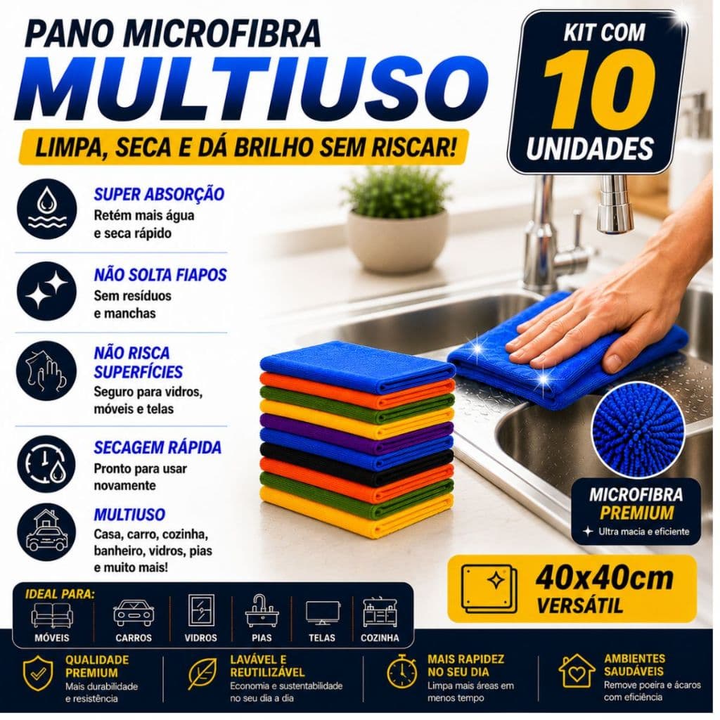 Kit C/ 10 - Pano De Microfibra 40 X 40cm - Neves - Pia - Multiuso - Limpeza Geral - Multicores