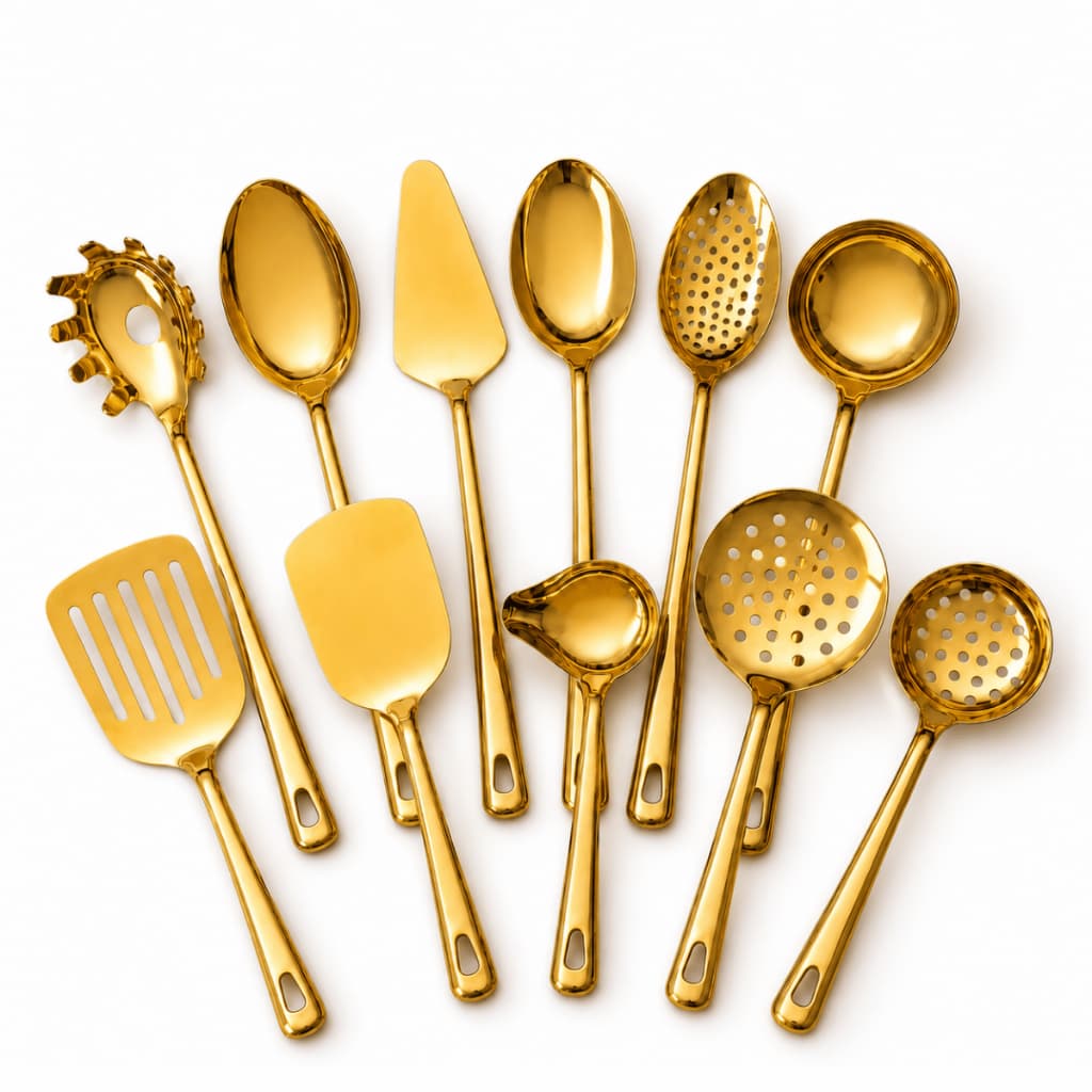 Kit Utensílios 11 Peças Dourado Aço Inox Conjunto Cozinha Servir Inoxidável Talheres Espátula Luxo