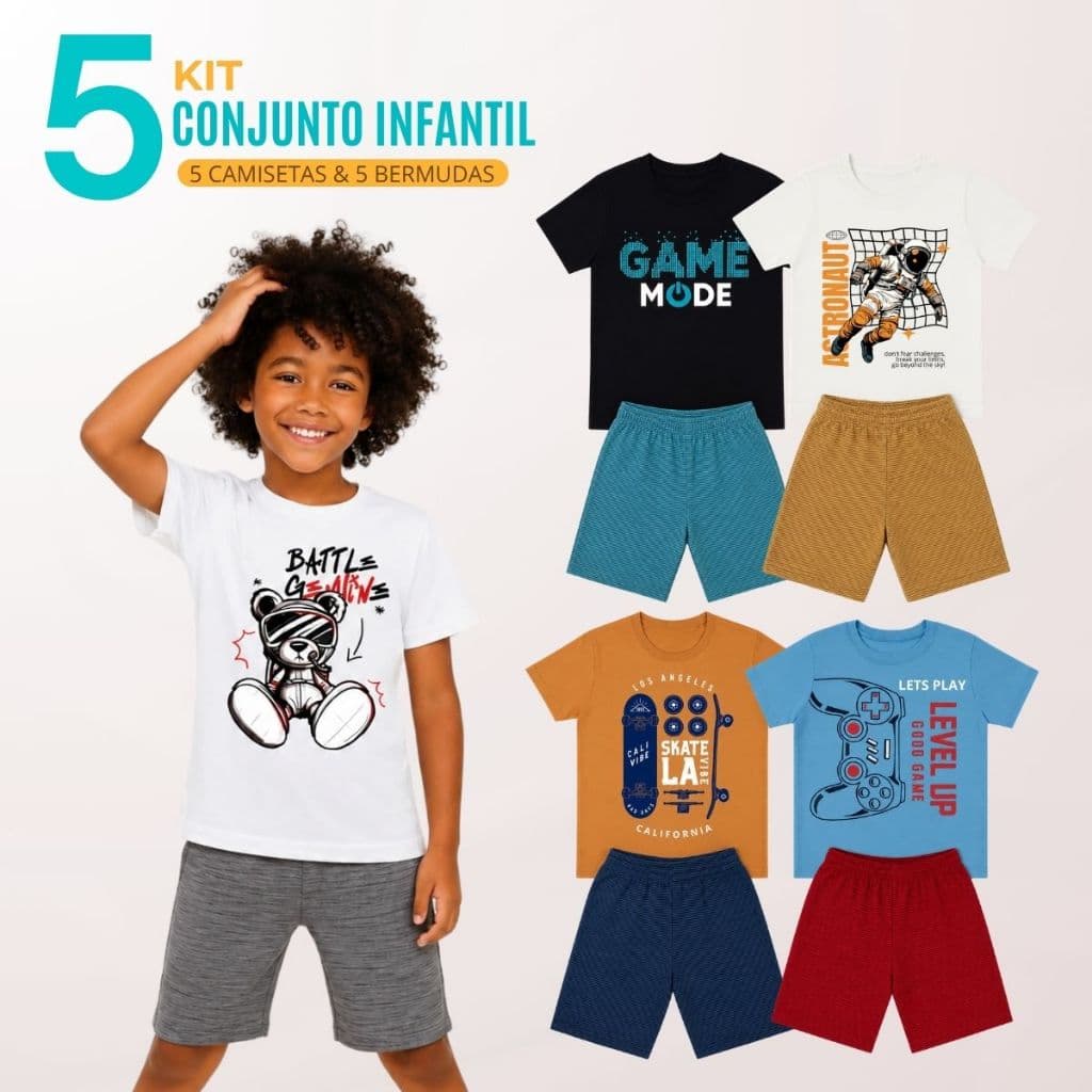 Kit 5 Conjunto Infantil Menino 5 Camisetas + 5 Bermudas 4 ao 16 Juvenil Masculino