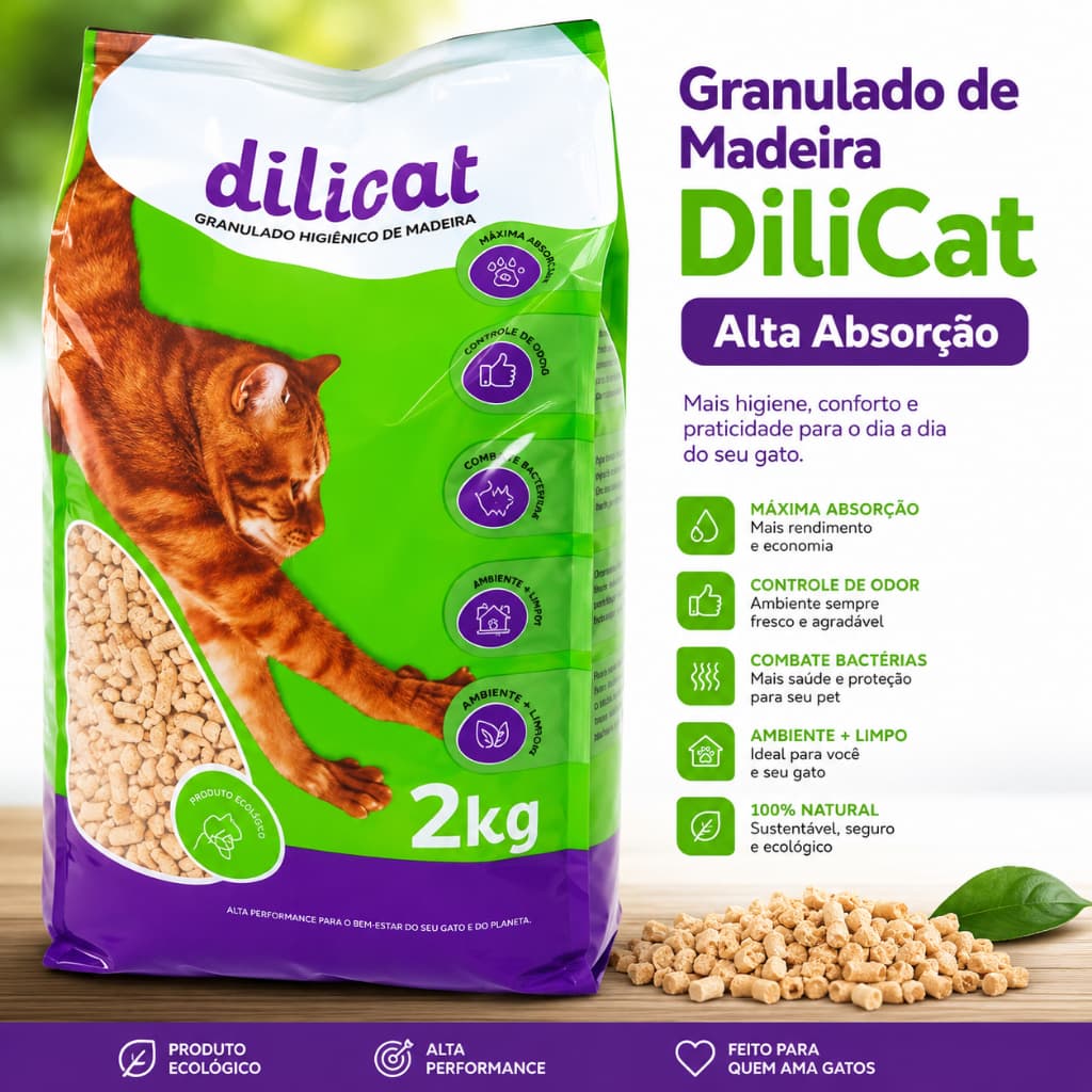 Areia Granulado de Madeira DiliCat – Alta Absorção, Controle de Odor e Sustentável