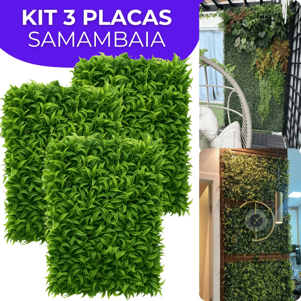 Kit 3 Placa Samambaia 60x40cm Cheia Grama Artificial Jardim Vertical Muro Inglês Parede Verde