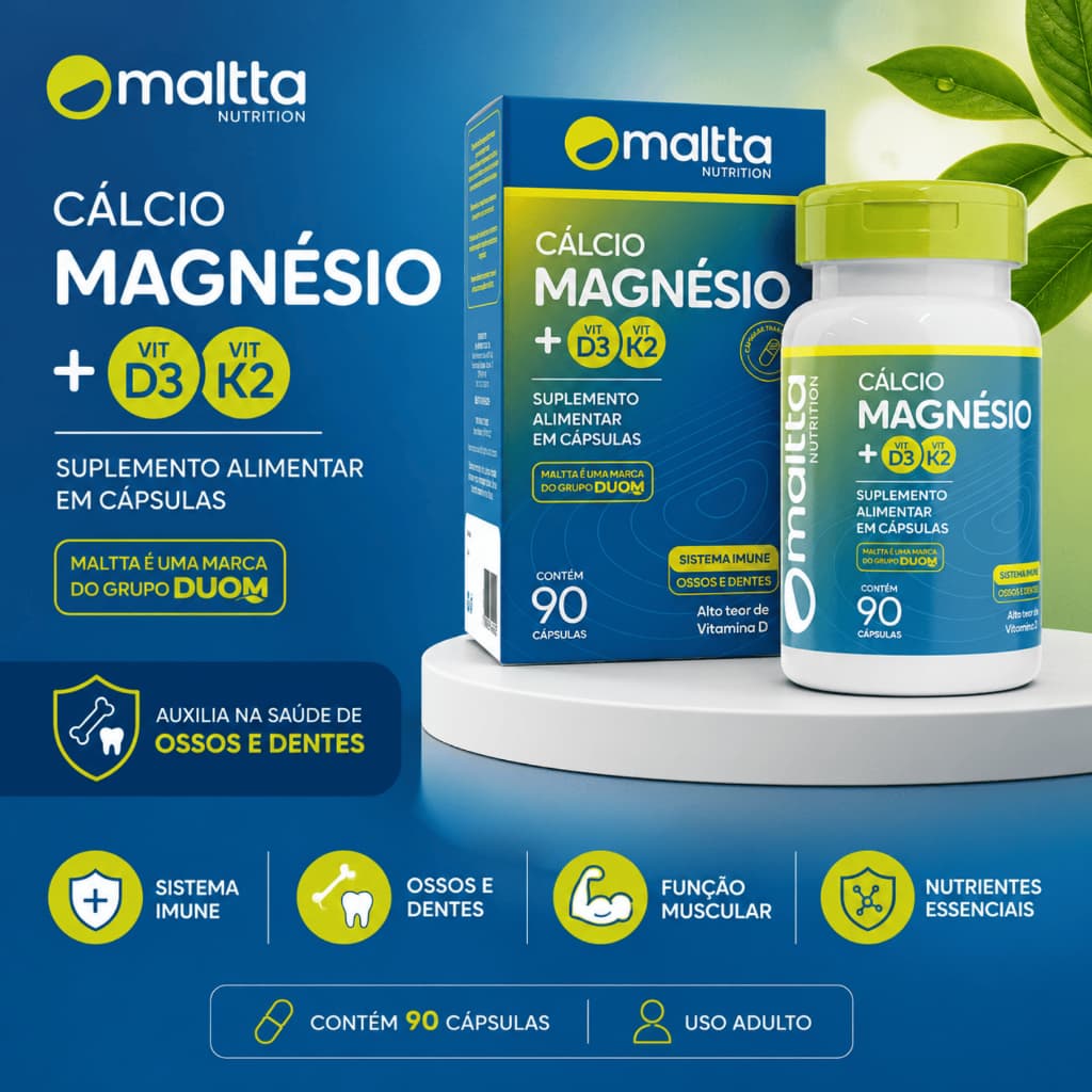 Kit com 4 Cálcio magnésio + Vitamina D3 Vit K2 Maltta Contém 90 Cápsulas