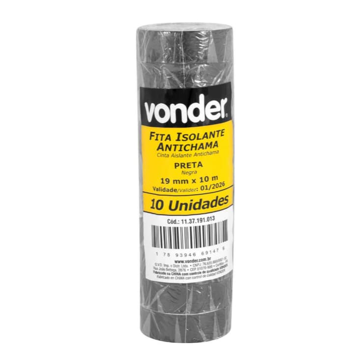 Kit 10 Fitas Isolantes Vonder Antichama Preta 19mm x 10m 750V