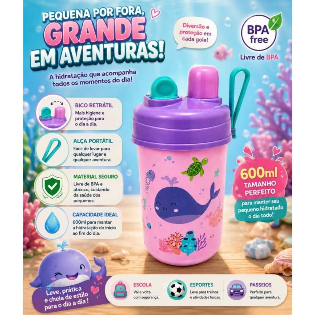 Garrafa Copo De Transição Rosa Infantil Bebê 600ml Com Canudo E Bico Tampa  E Alça Menina Agua Suco Escola