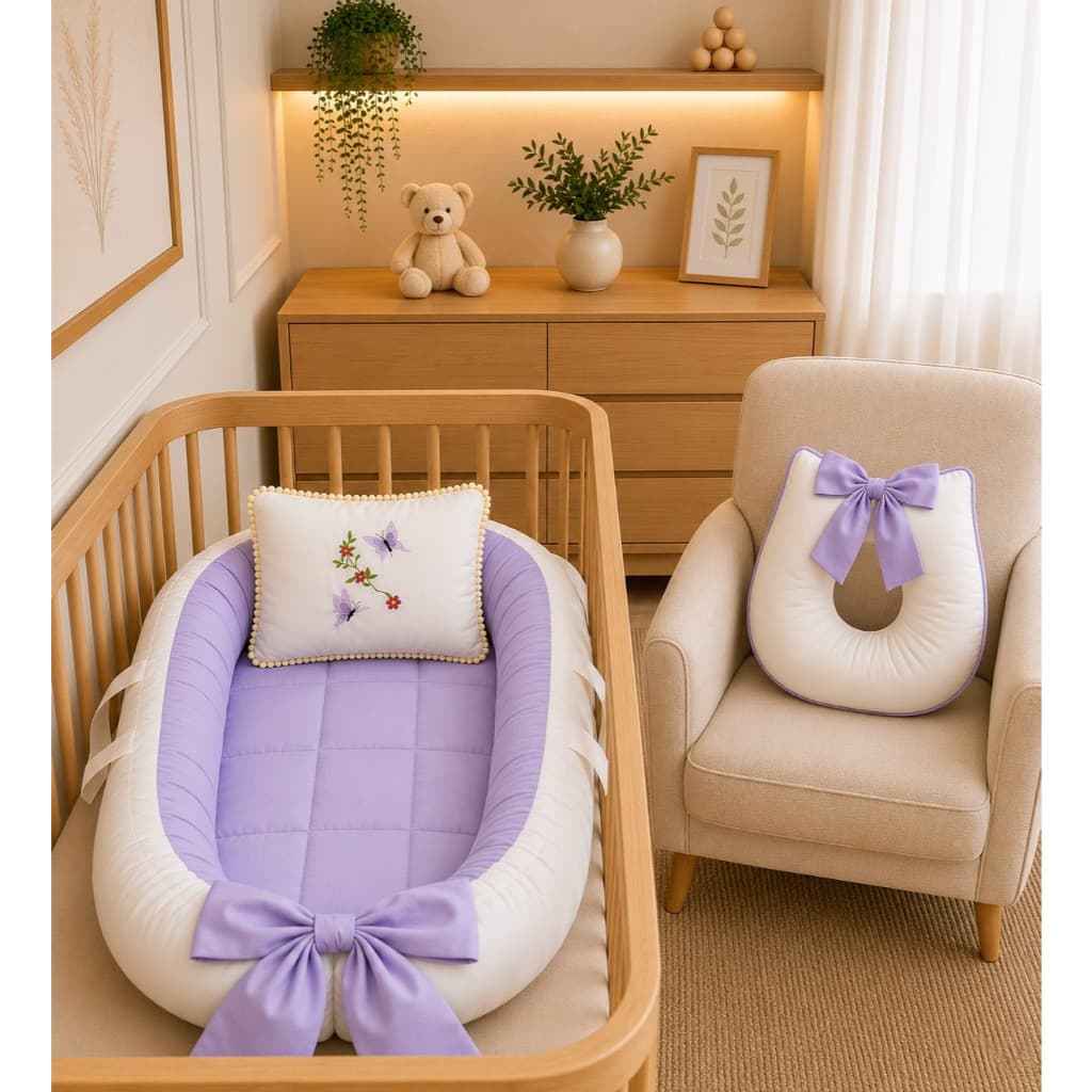 Kit Ninho Redutor + Almofada Amamentação Bordado Borboleta | Enxoval Menina Menino Bebê Delicado