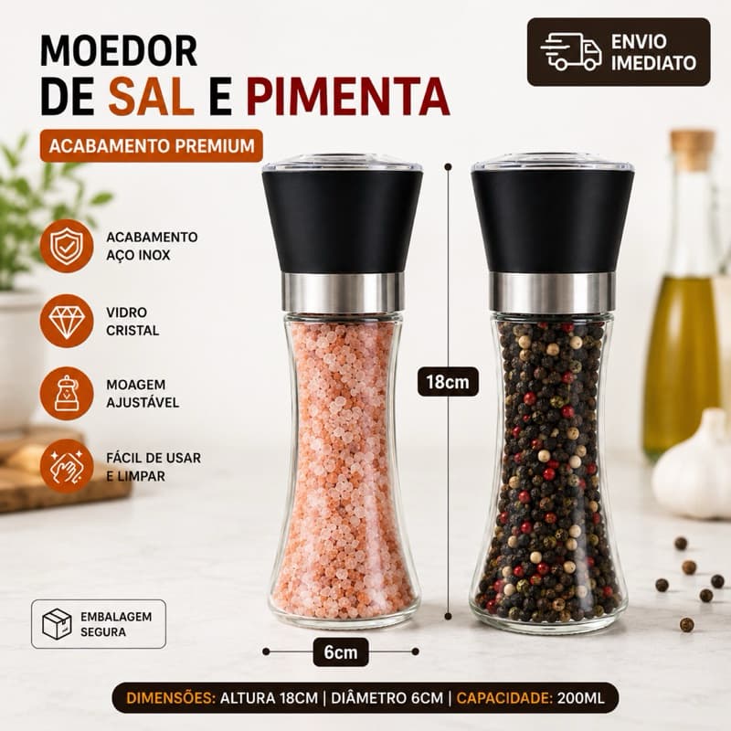 1 Moedor de Sal e Pimenta Vidro 200ml Especiarias Temperos Condimentos Resistente Luxo
