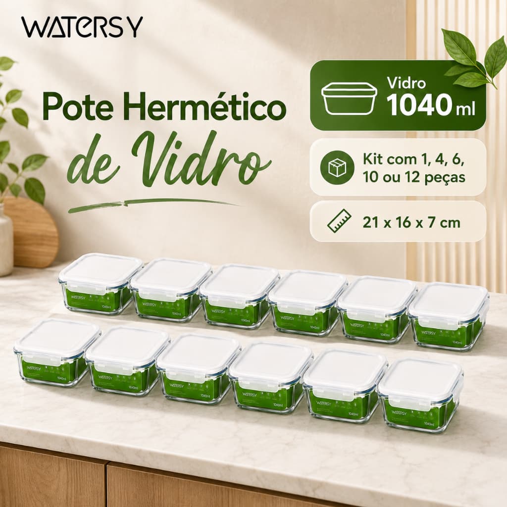 Watersy 12 Kit Pote Hermético de Vidro 1040ml com Borossilicato Kit com 4 6 10 ou 12