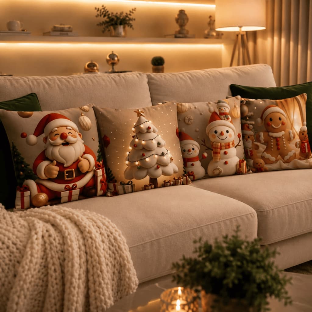 Kit Capas De Almofadas Estampadas 3D Natal 45x45 Decorativas Zíper Oxford Luxo Data Comemorativa