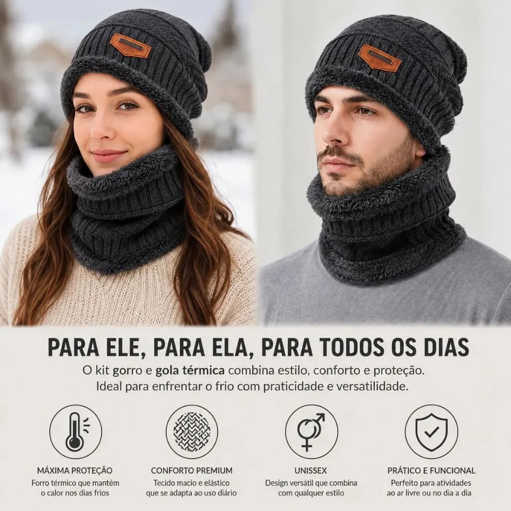 Kit Inverno Frio Touca e Gorro Lã Peluciada Corta Vento Masculino Feminino