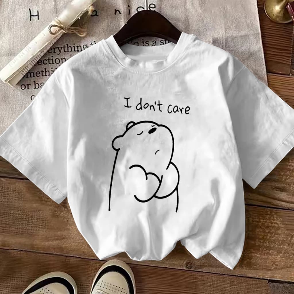 Camisa Camiseta Feminina I Don't Care Urso Desenho Estiloso Casual Modenro Confortável 100% Algodão