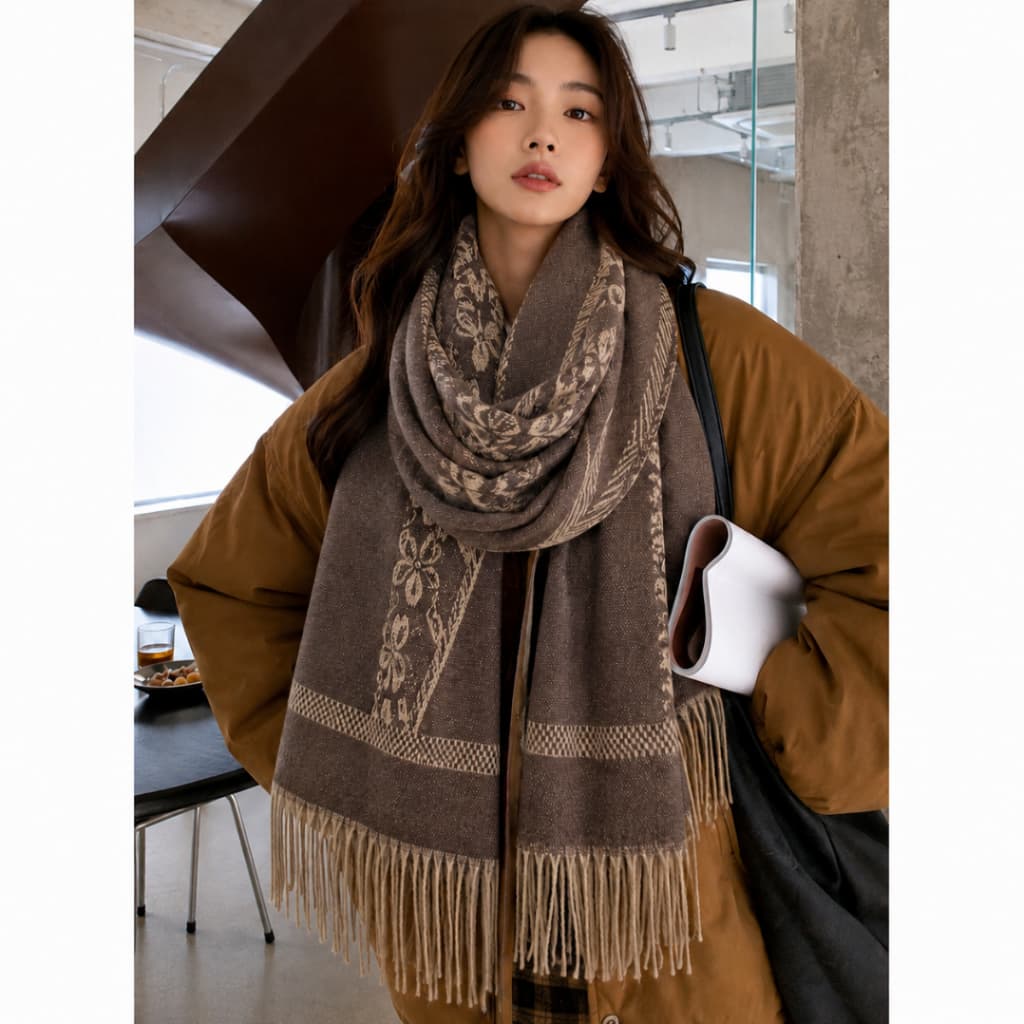 Cachecol Estampado Feminino Marrom Lenço Grosso Pashmina Echarpe Masculino Unissex Para Frio Inverno Adulto C10