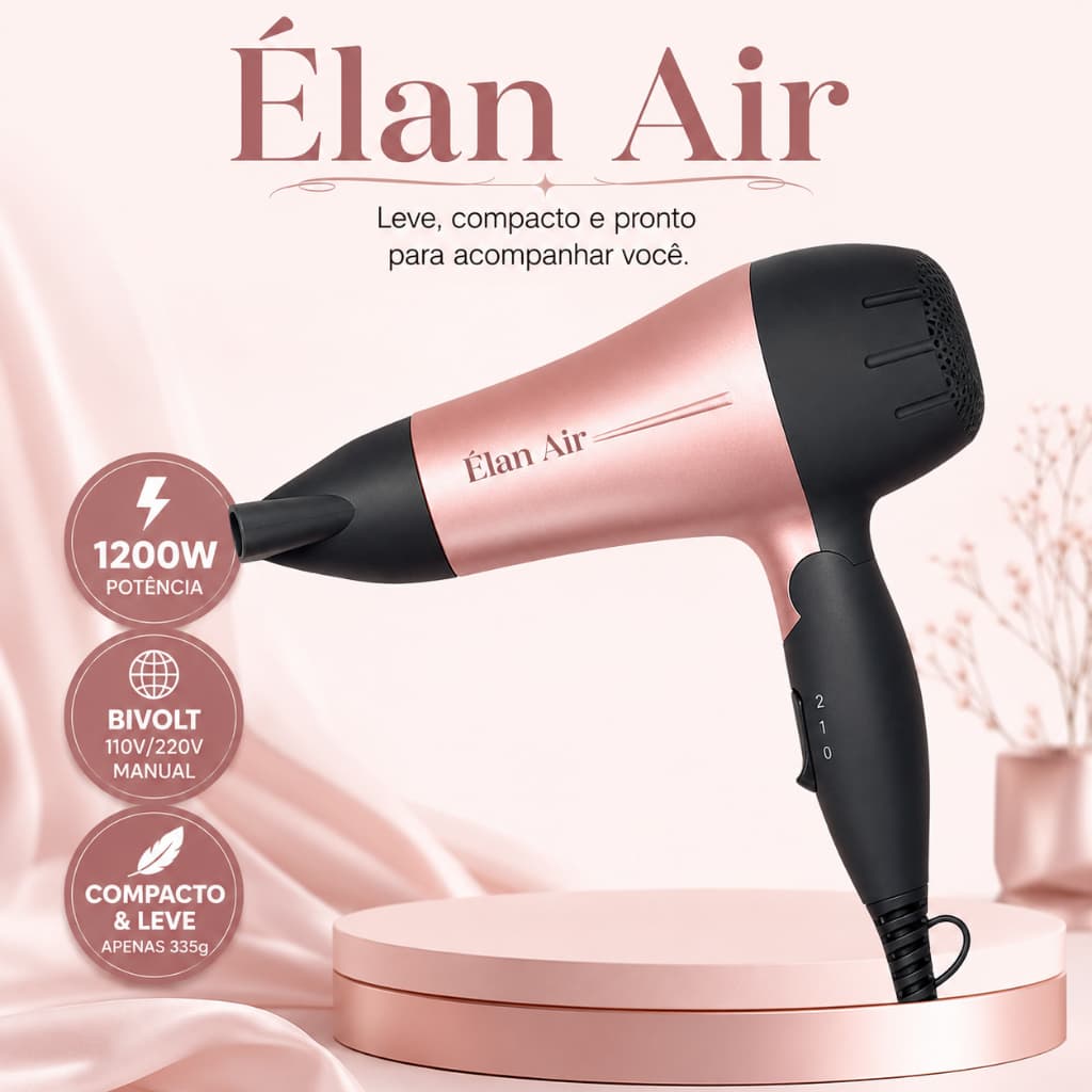 Secador de Cabelo Portátil 1200W Bivolt Compacto Leve Secagem Rápida Rosa Élan Air