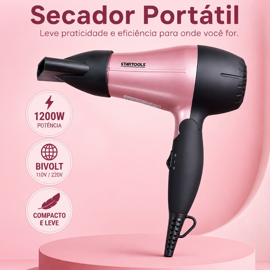 Secador de Cabelo Portátil 1200W Bivolt Rosa – Compacto, Dobrável, Leve e Ideal para Viagens