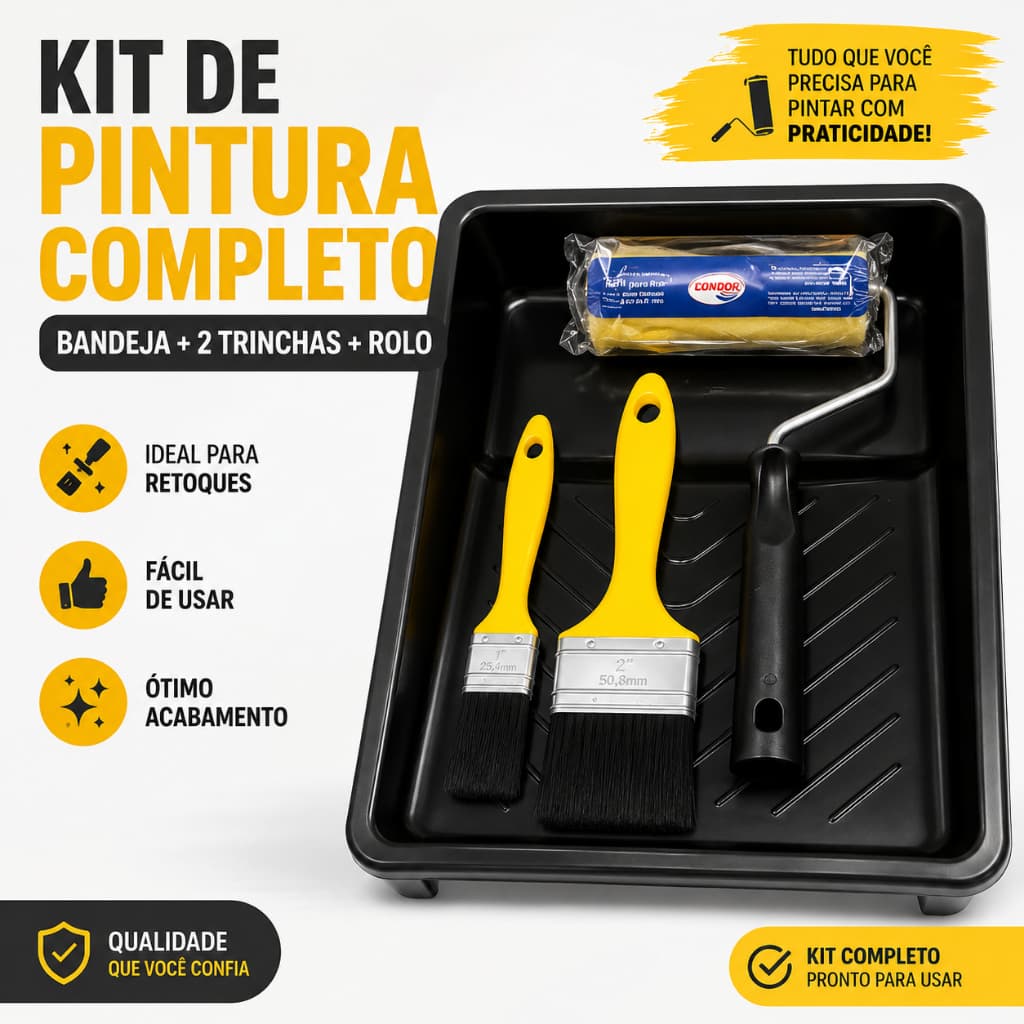 Kit Pintura 4 Peças Com Bandeja Pequena Trincha 3/4 Trincha 2” E Rolinho de Espuma 9cm