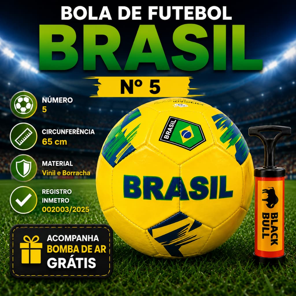 Kit Bola de Futebol Brasil Nº 5 Costurada + Bomba de Ar Manual Campo Treino Lazer