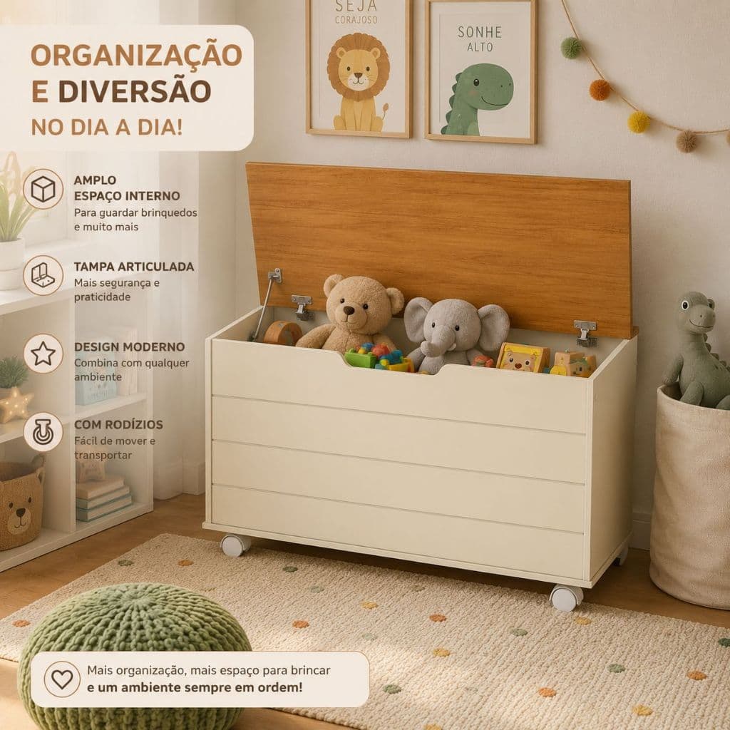 Baú Infantil MDF Rosa Rodízios Organizador Brinquedos Quarto Criança Seguro Moderno Decorativo