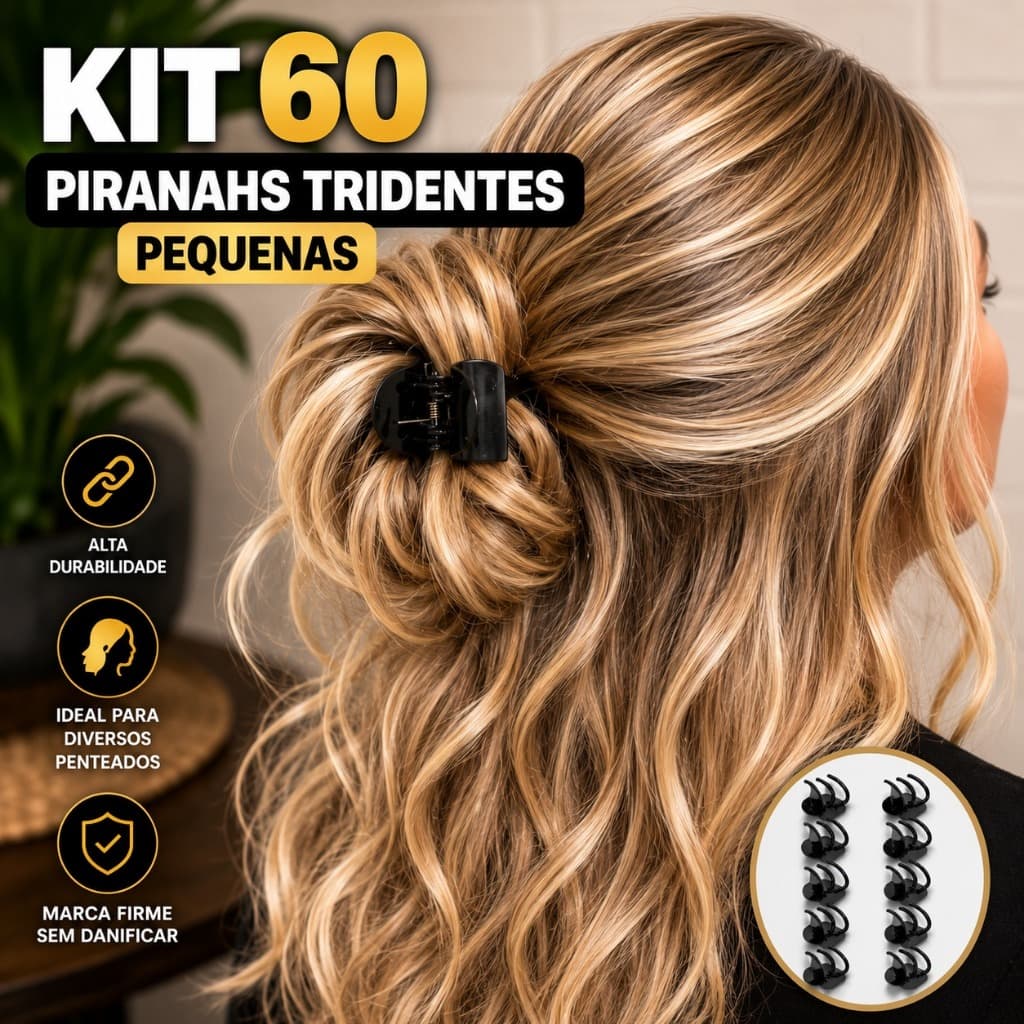 Kit 60 Piranhas Tridente P Preta Prendedor De Cabelo Forte Antiderrapante Presilia Resistente Tiktok