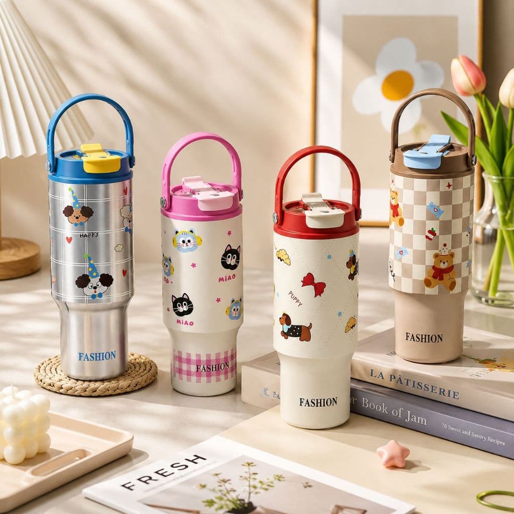 Garrafa Térmica Inox Potatil 700ml desenho Animais Com Canudo E 2 Bicos Alça Facil transporte
