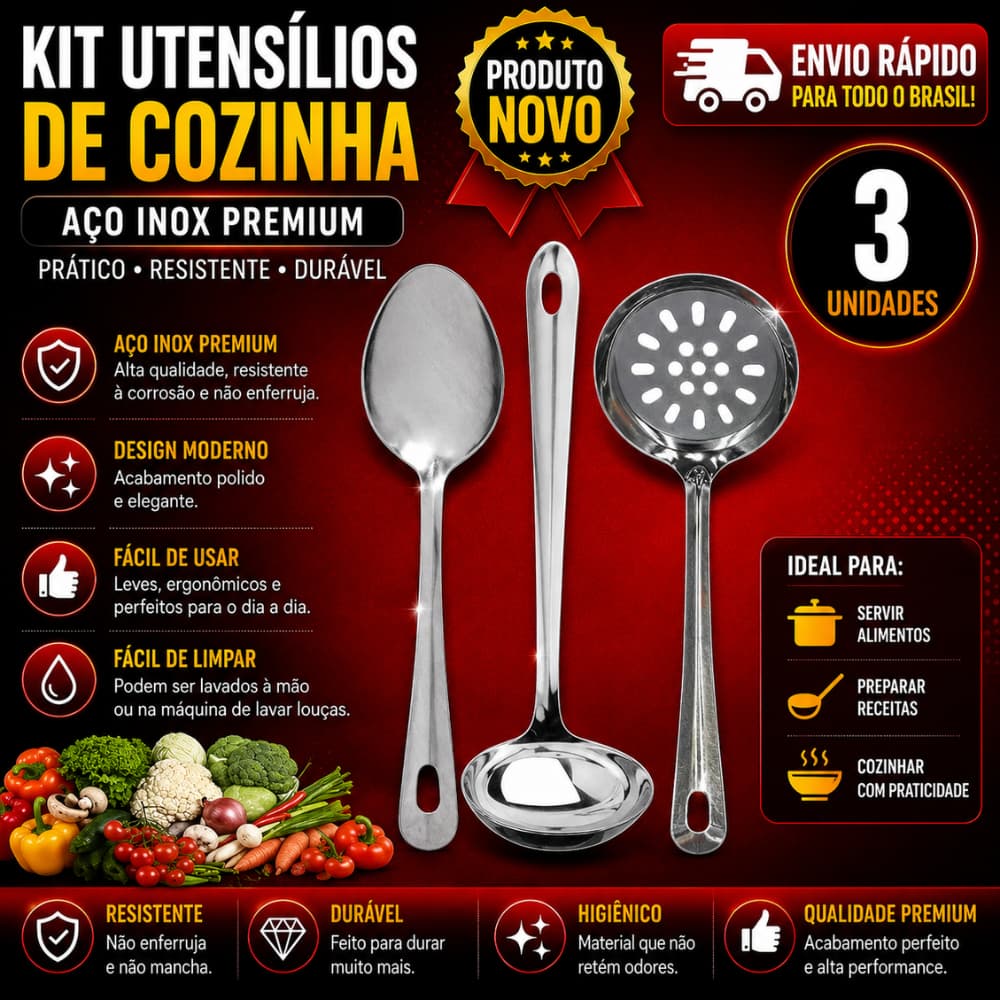 Conj de Cozinha 3 Peças 100% Inox Colher de Arroz Escumadeira Concha Para Cozinha Restaurante