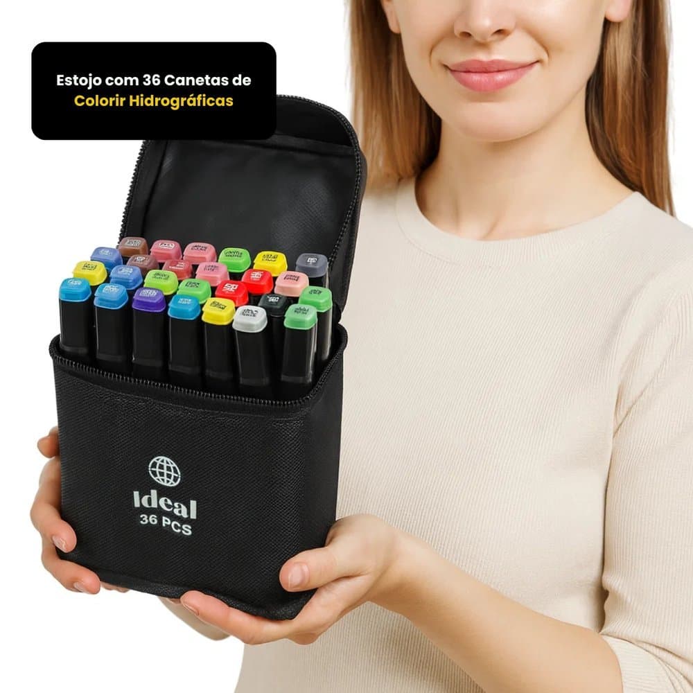 Estojo com 36 Canetas de Colorir Hidrográficas canetinhas