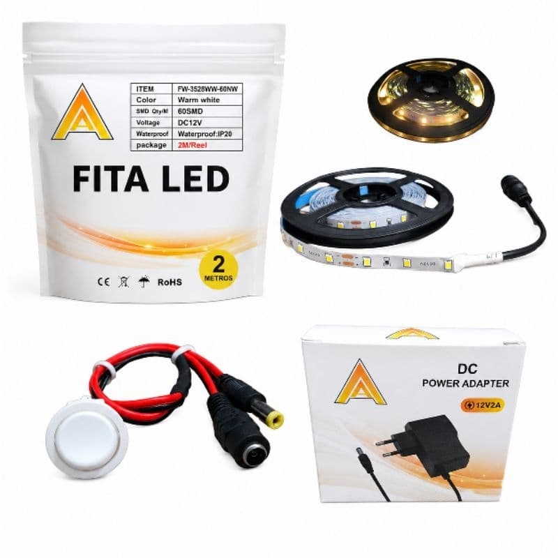 Kit Completo Fita LED 2 Metros com Interruptor e Fonte Para Móveis