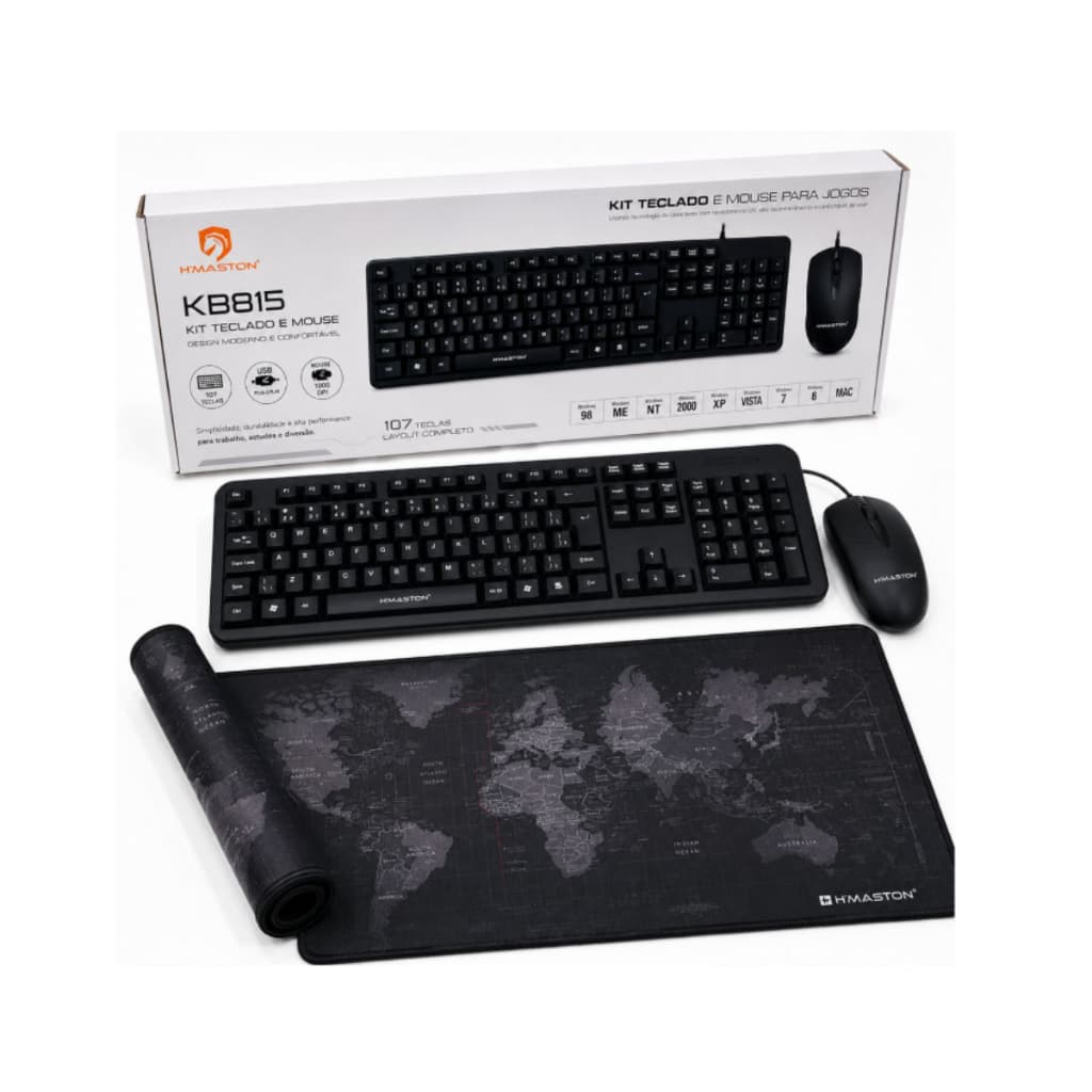 Kit Teclado e Mouse com fio usb Preto Abnt2 + Mouse Pad 80x30 cm H'maston  para pc