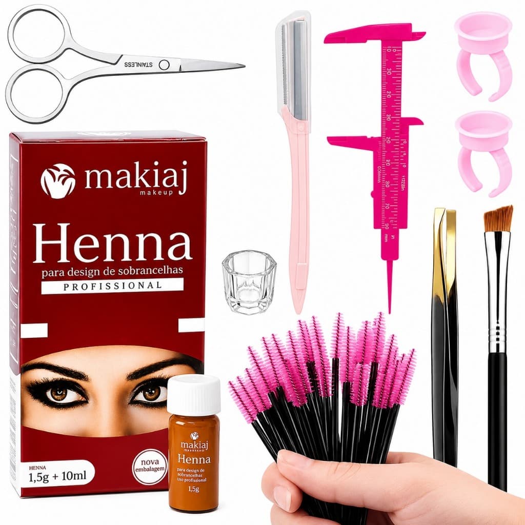 Kit Design para Sobrancelhas Henna Makiaj Hipoalergênica Paquimêtro Navalha Completo
