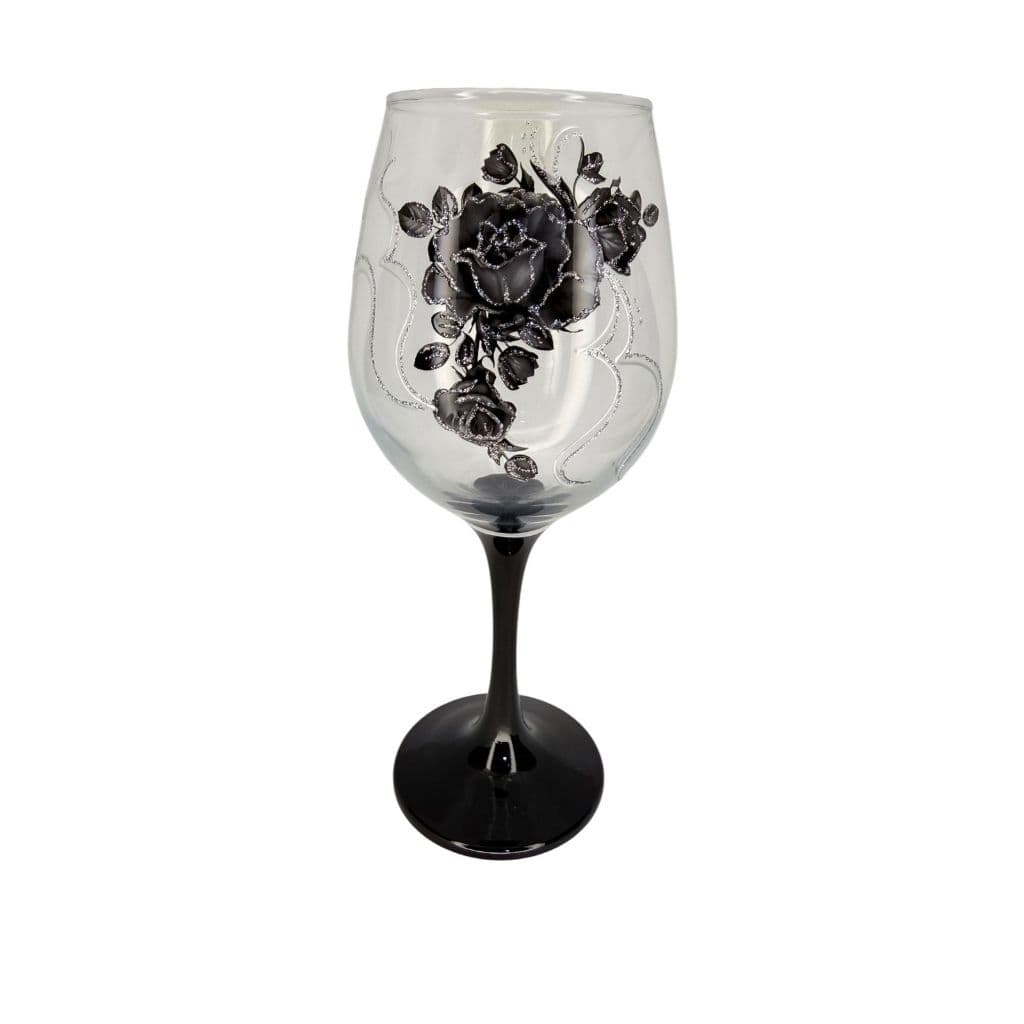 Taça Pomba Gira Flores Pretas Brilho Prata Decorada à Mão Vidro Pé Preto Umbanda Quimbanda - Modelo Barone 380ml