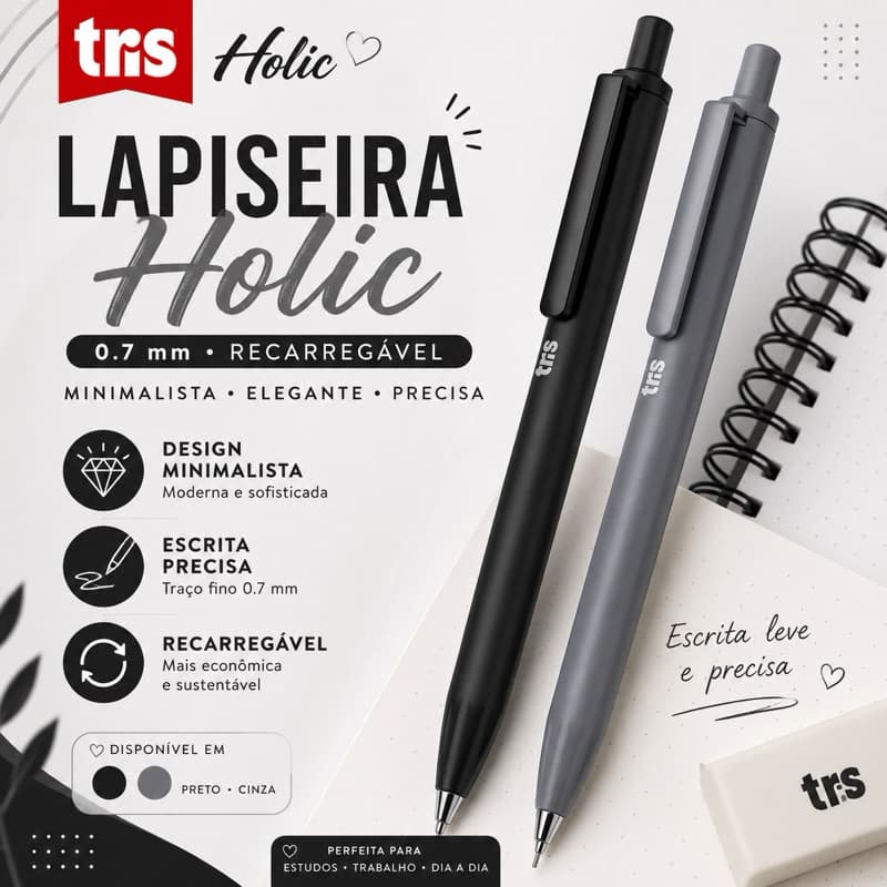 Lapiseira 0.7mm Tris All Black Retrátil Grafite Escolar Profissional