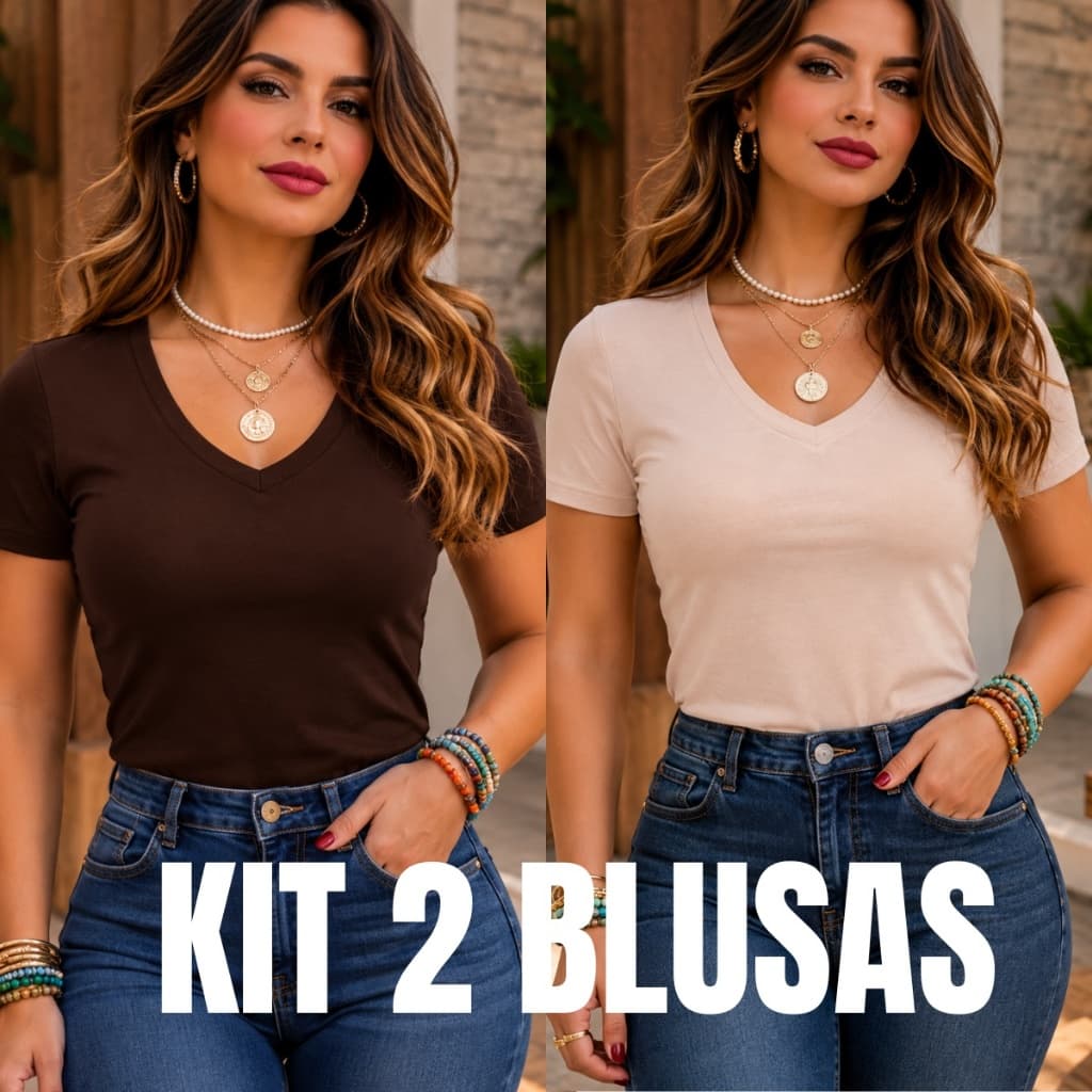 KIT 2 Blusas Basica Feminina Gola V Viscolaycra dia dia Confortável