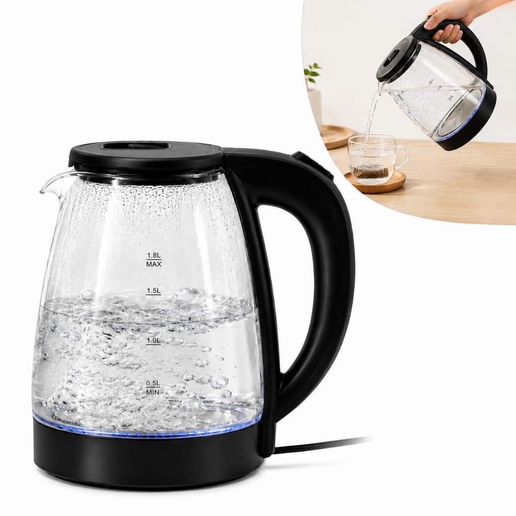 Chaleira Elétrica Vidro 1,8L Bule Café Chá Jarra Resistente Aquecimento Rápido Desliga Automático