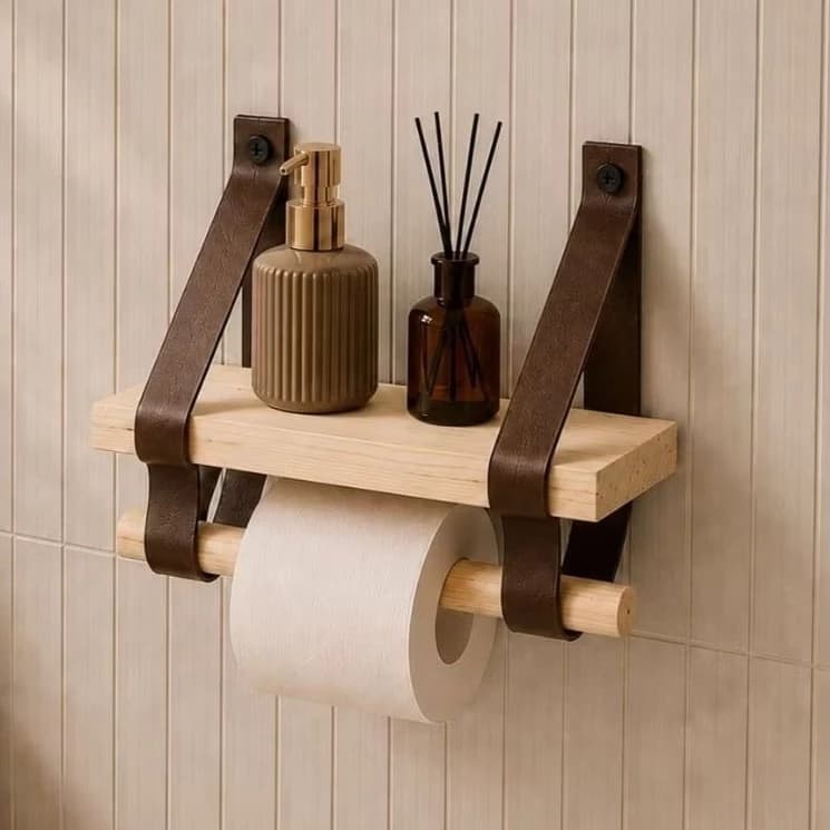Prateleira com Suporte de papel higiênico em madeira e couro com prateleira para decoração de banheiro