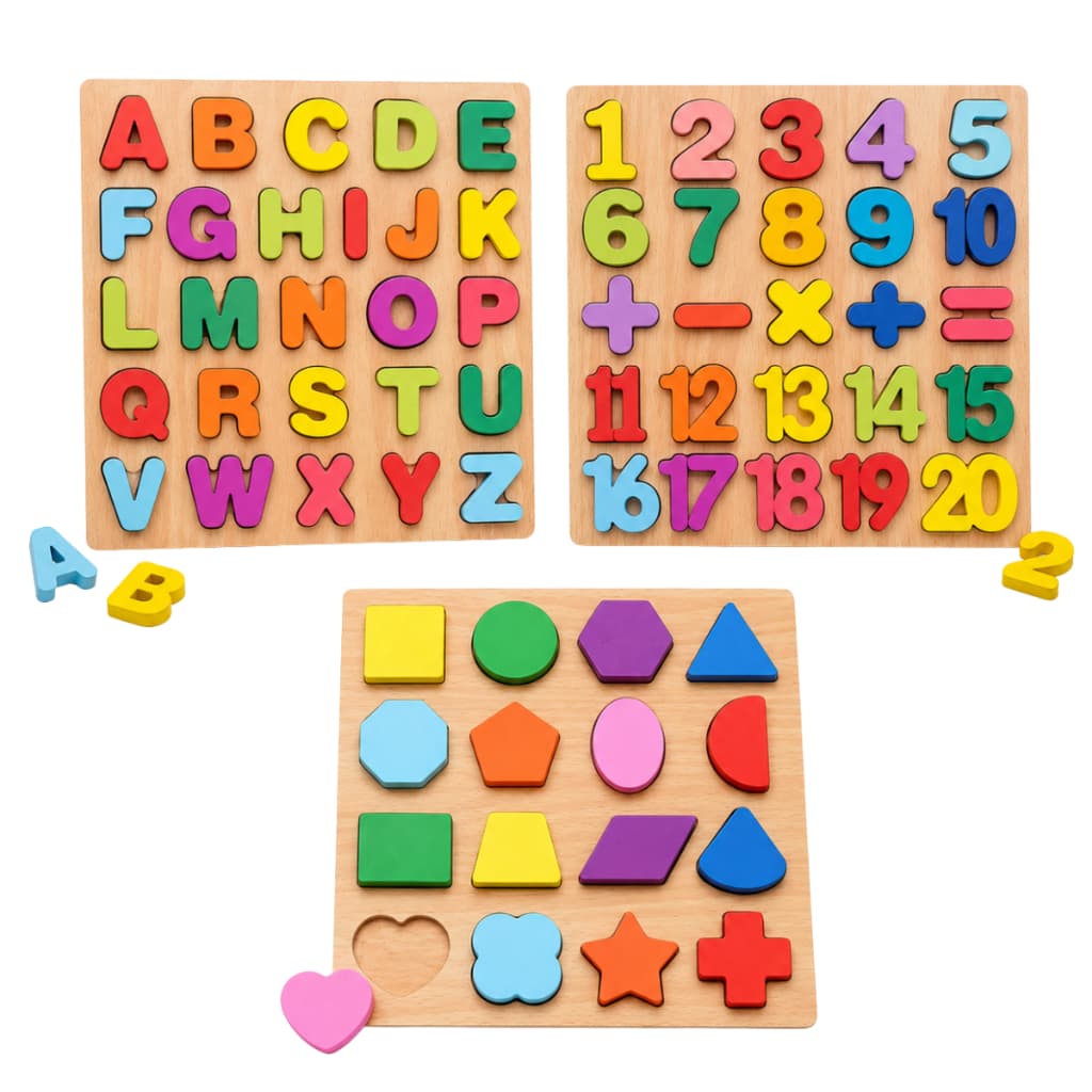 Kit 3 Quebra Cabeça De Encaixe Madeira Infantil Educativo Alfabeto ABC Números E Formas Geométricas Pedagógico