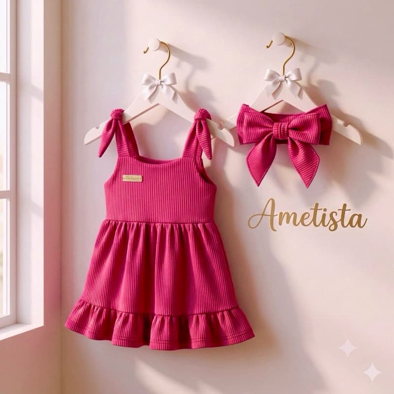 Kit Vestido Bebê Menina + Faixinha de Cabelo | Vestido Canelado Infantil Roupa de Bebê Fofa