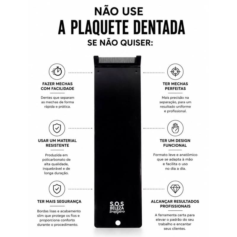 Plaquete Dentada Preta em Policarbonato Não Quebra –  Profissional 11x40cm + Caixa Exclusiva de Brinde